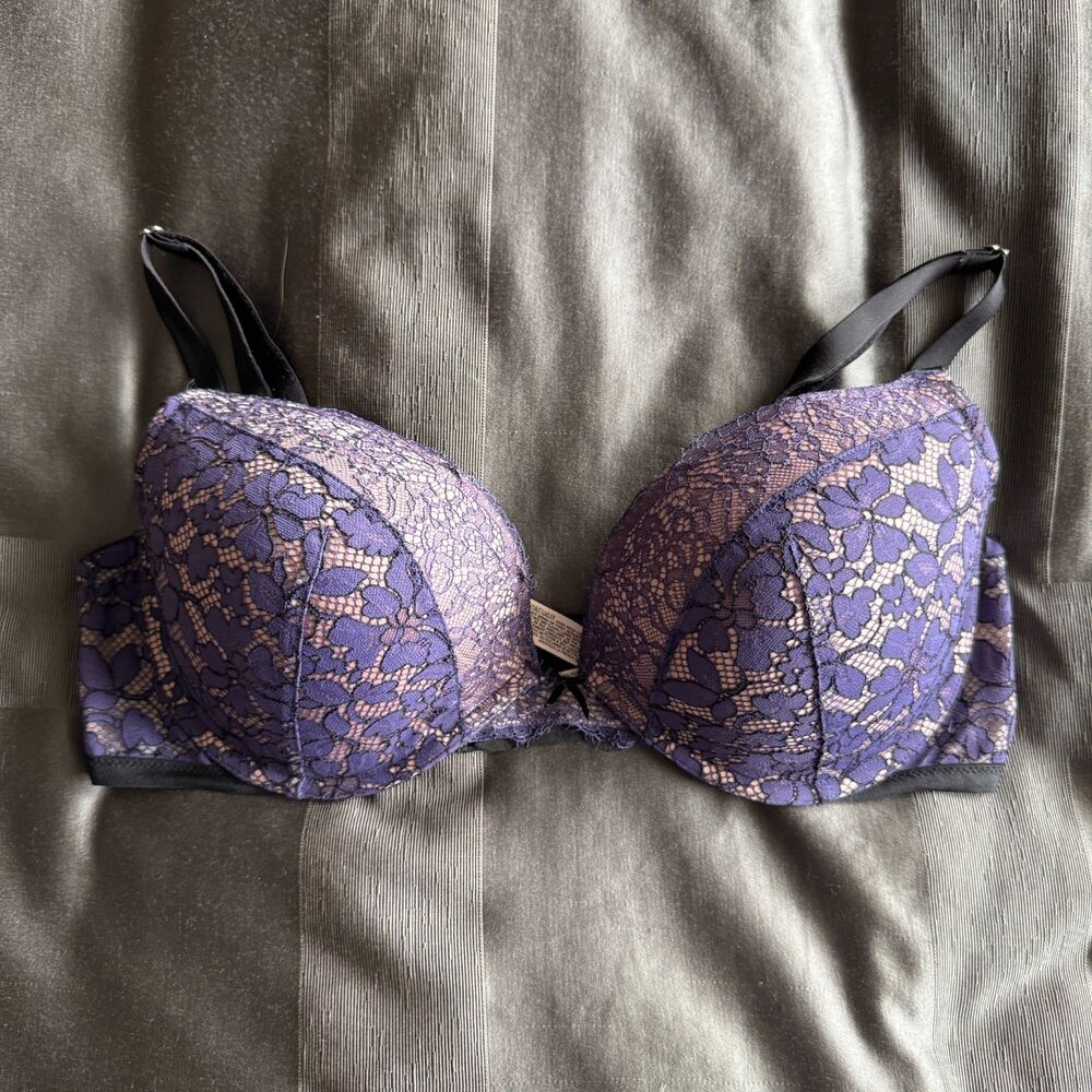 VICTORIA'S SECRET Purple Dream Angels Floral Mesh Push Up Bra Size 38D